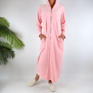 Vintage Y2K Pink Barbiecore Coquette Hooded Full Length Lounge Robe / Si…